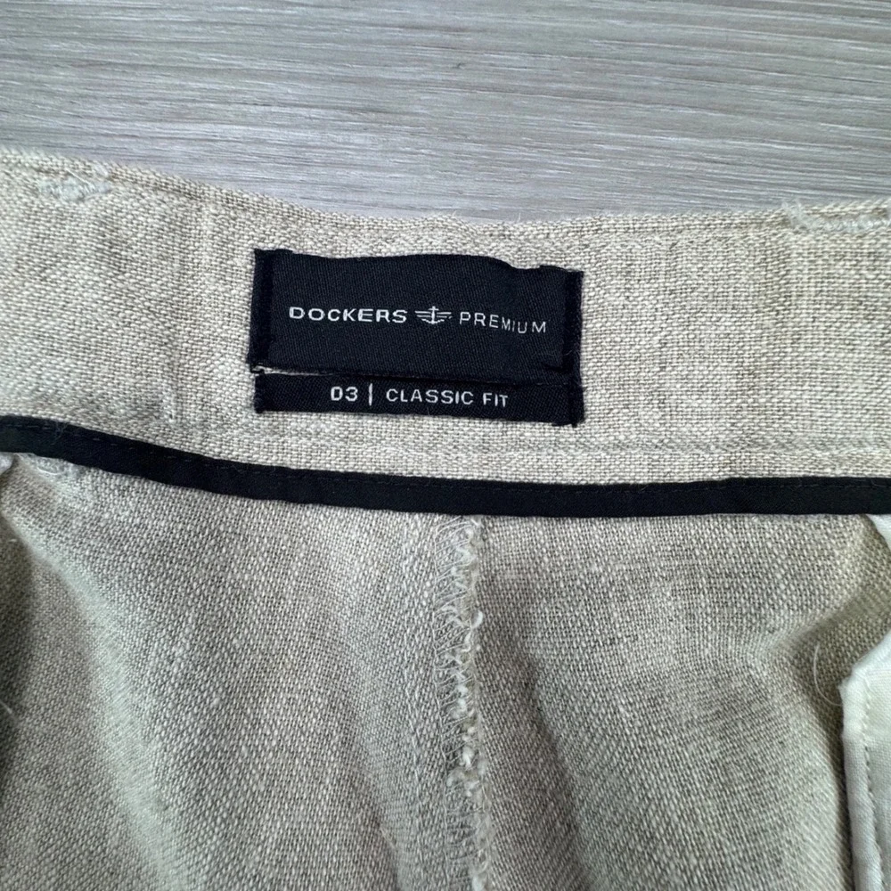 Dockers Premium D3 Classic Fit Linen Cotton Pleated Pants Mens 38x30 Beige Khaki